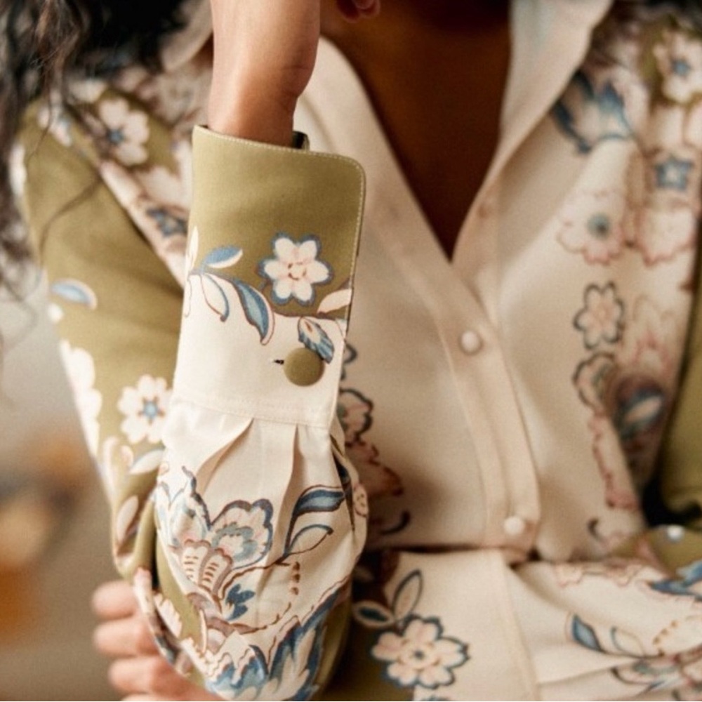 Sezane Floral Button Down Shirt - Olive and Cream - Picture 3 of 6